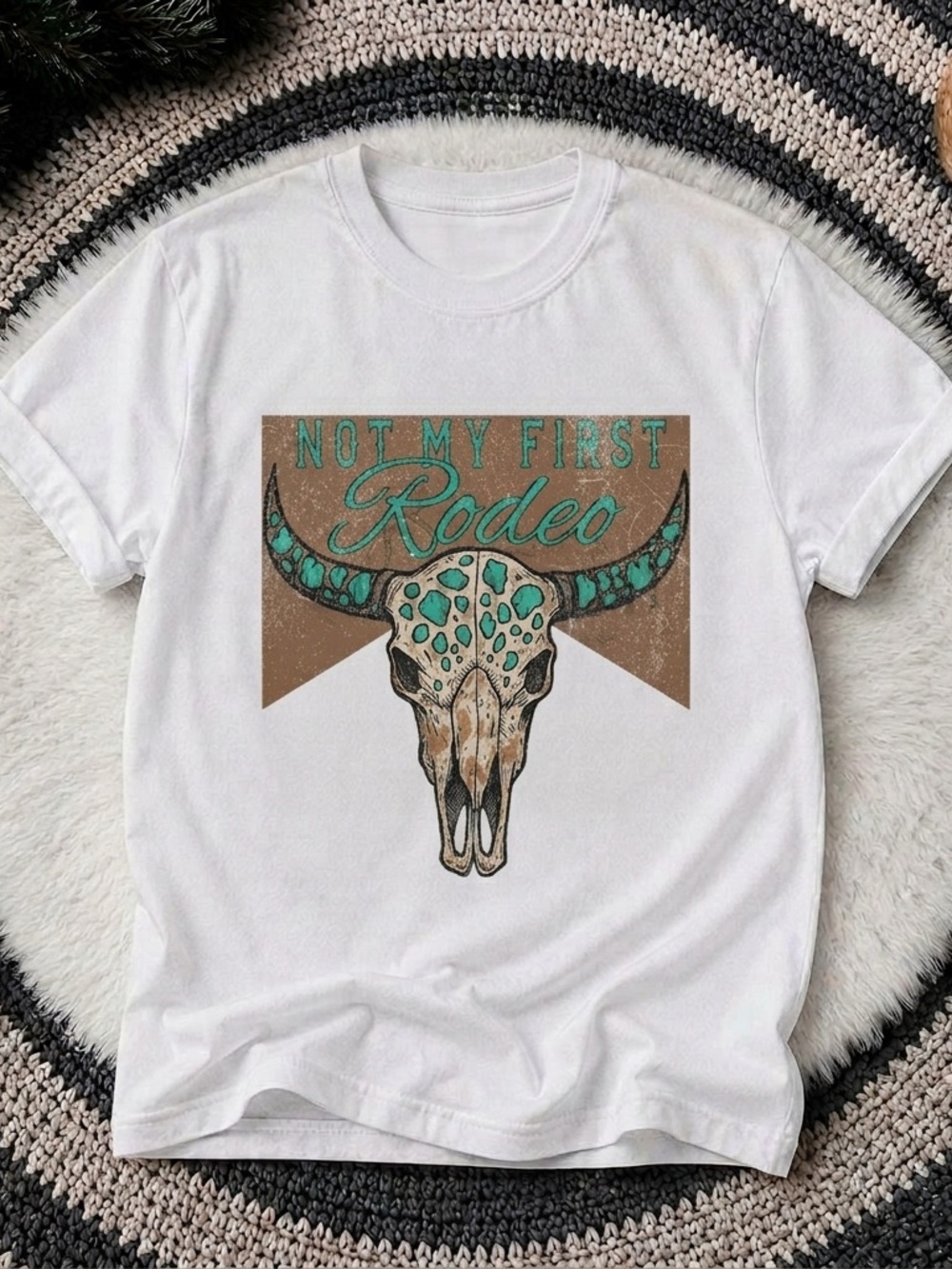 Not My First Rodeo Shirt, Western Cow Skull Teal Graphic Tee - Unisex white